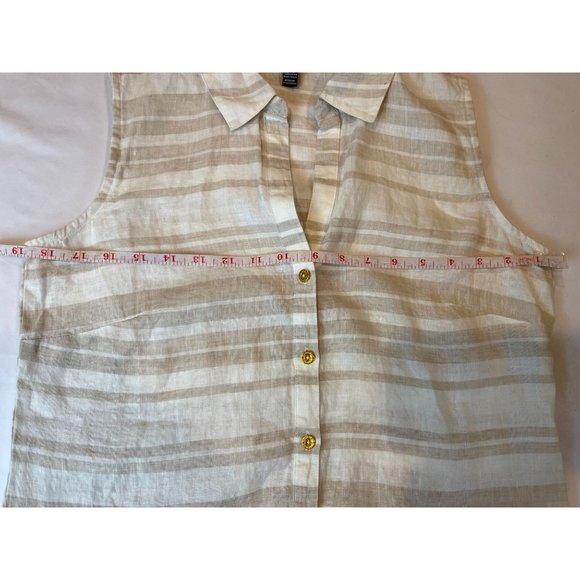Ellen Tracy Womens 100% Linen Button-Up Shirt Top Sleeveless Tan White SZ Small - Picture 4 of 8